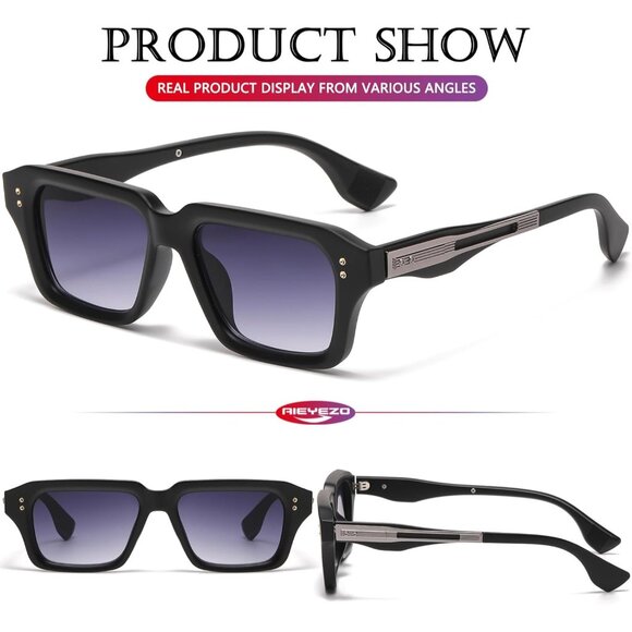 Retro Rectangle Matte Black Sunglasses Men Women Fashion Square Frame Shades - Picture 5 of 7